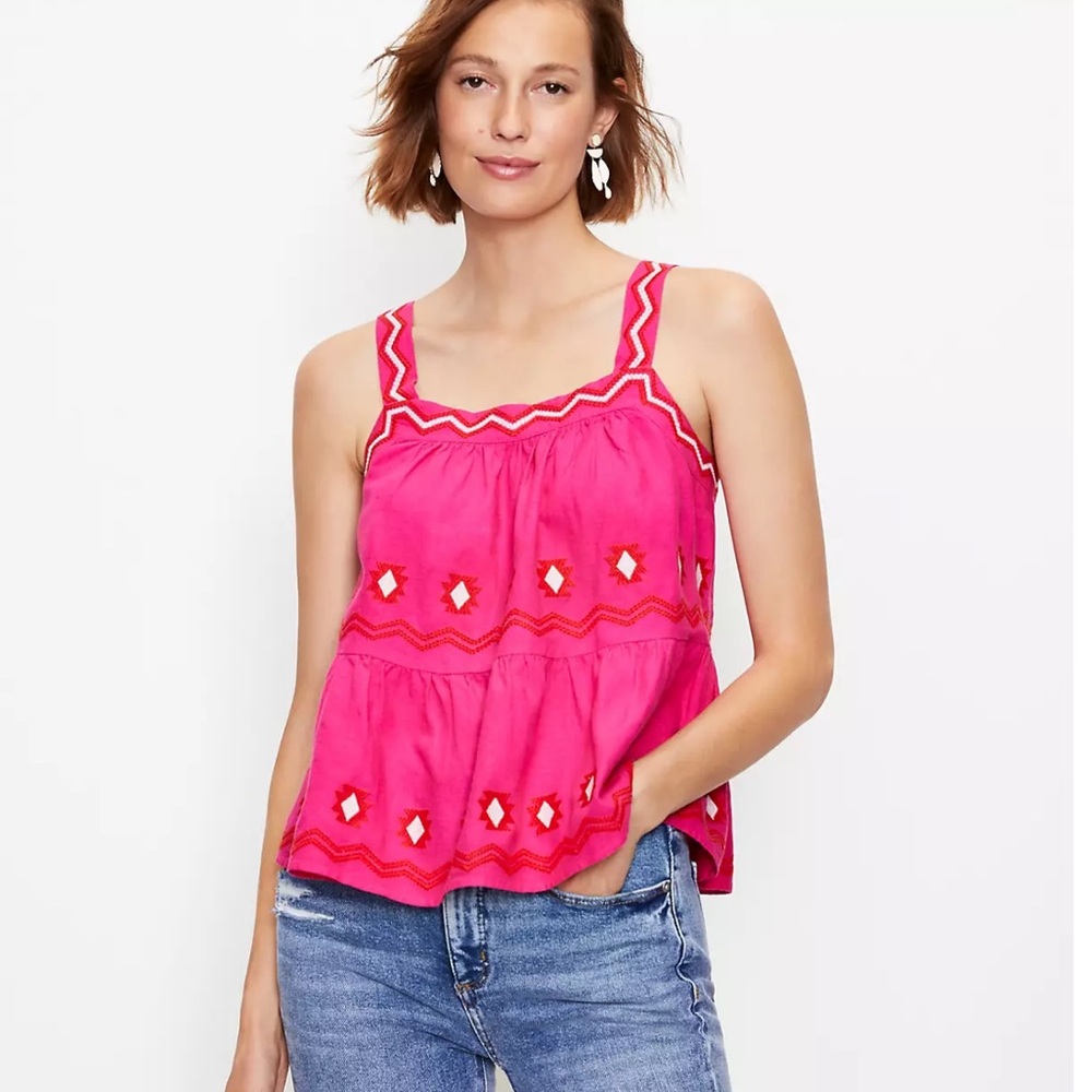 LOFT Bold Vibrant Pink Embroidered Tiered Cami Top Size XS